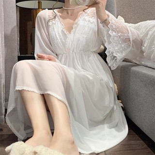 Phong Cách Cung Điện Gợi Cảm Với Miếng Lót Ngực Ren Cổ Chữ V Dài Tay Váy Ngủ Nữ Xuân Thu Cao Cấp Homewear Bộ Đồ Ngủ Váy Hơi Béo Size Lớn Quần Áo Nữ