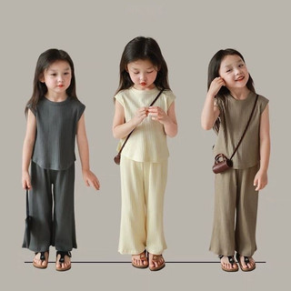 Áo Vest lụa băng không tay mùa hè 2024 cho bé gái và quần dài dáng rộng Bộ hai mảnh cho bé
