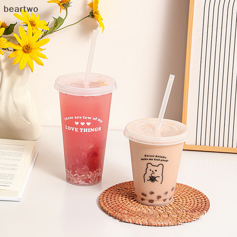 < Beartwo > Bình Nước Cho Cà Phê Nước Trà Sữa Nhựa Dễ Thương Lạnh Có Nắp Ống Hút Di Động Có Thể Tái Sử Dụng Đẹp BPA Free Chai Uống