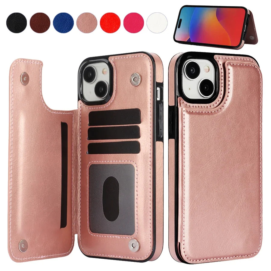 Ví Đứng Thẻ Nút Đôi Chắc Chắn Bao Da Lật Tương Thích Cho iPhone 17 Air 16 15 Pro Max 14 Plus 13 Mini 12 11 X XR XS 8 7 Thẻ Ốp điện thoại