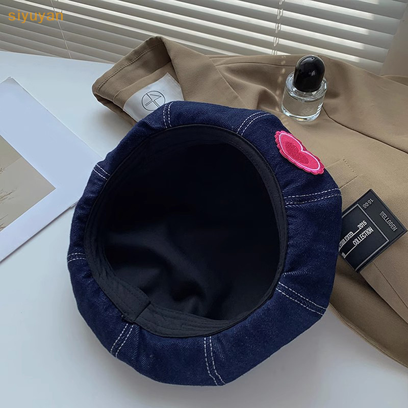 Siyuyan Thường Ngày Màu Hồng Tình Yêu Denim Mũ Nồi Nữ Xuân Hè Thể Hiện Mặt Đa Năng Retro Họa Sĩ Mũ Nồi Nhật Bản Mũ Newsboy Mũ VN