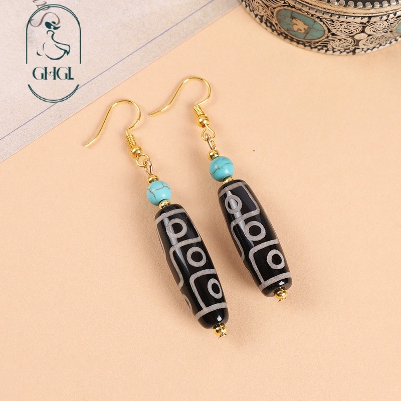 [Ghgl] Hàng có sẵn hs Thiết kế nguyên bản Phong cách Tây Tạng Hạt Dzi chín mắt Bông tai mã não Phong cách dân tộc Nghệ thuật cổ điển Bông tai răng hổ Bông tai phong cách Trung Quốc dành cho nữ