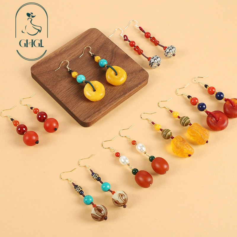 [Ghgl] Hàng có sẵn hs Niche Design Bông tai sáp ong phong cách dân tộc Retro Phong cách dài văn học sang trọng Nữ cổ Sườn xám Bông tai Tây Tạng đơn giản