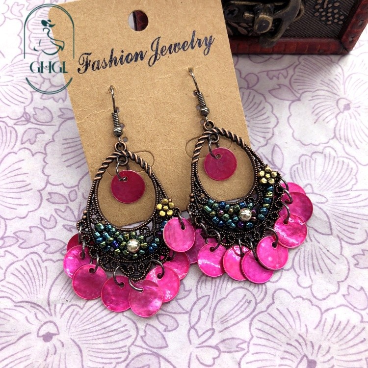 Bông tai dài tua rua vỏ tự nhiên phong cách Bohemian, Hawaii, phụ kiện kỳ nghỉ bãi biển