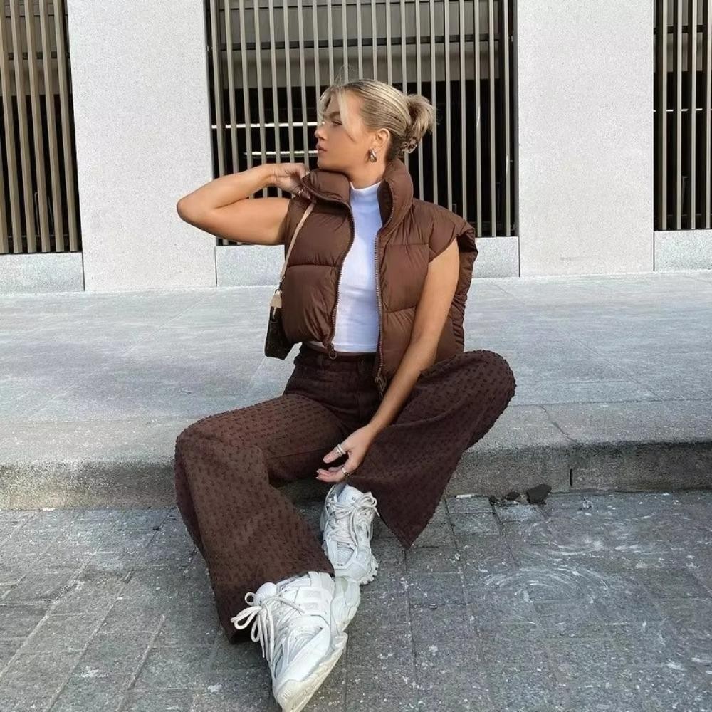Áo vest nữ GUSTAVA, Áo vest không tay cổ đứng bằng Cotton, Áo khoác du lịch ngoài trời ngắn ấm áp mùa thu đông