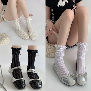Gothic Trắng Giữa Nơ Tất Mùa Hè Mỏng Phần Rỗng Ren Satin Dây Tất JK Cọc Ống Hoa Tất