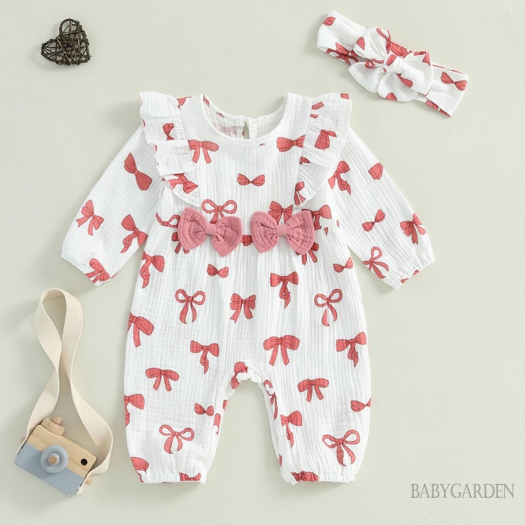 / / -Baby Girls Rompers Nơ In Hình Cổ Tròn Dài Tay Body Có Băng Đô Trẻ Sơ Sinh Quần Áo Mùa Thu