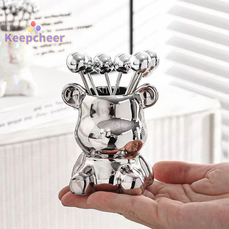 [Keepcheer] 6 Nĩa tráng miệng bằng thép không gỉ có lọ đựng đồ dùng gấu dễ thương cho bữa tiệc g Món tráng miệng Trái cây dưa chua Salad [Mới]