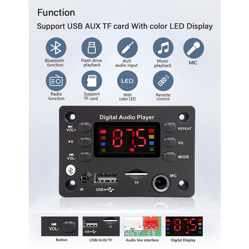 [Sẵn sàng] Micro Bluetooth Âm thanh Voiture DC 5V 12V USB 5.0 Mp3 WMA WAV APE Decoder Board Micro âm thanh ô tô rảnh tay USB TF FM Radio Mp3 Loa nghe nhạc