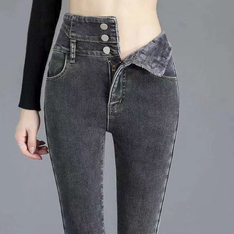 Quần bò lót nhung cạp cao quần ống nhỏ bút chì lót nhung dễ phối co giãn ôm dáng thu đông mẫu mới cho nữ