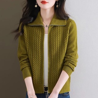 Mùa Xuân Thu Phong Cách Mới Xoắn Áo Len Cardigan Nữ Đỏ Rời Ve Áo Dài Tay Dệt Kim Dây Kéo Áo