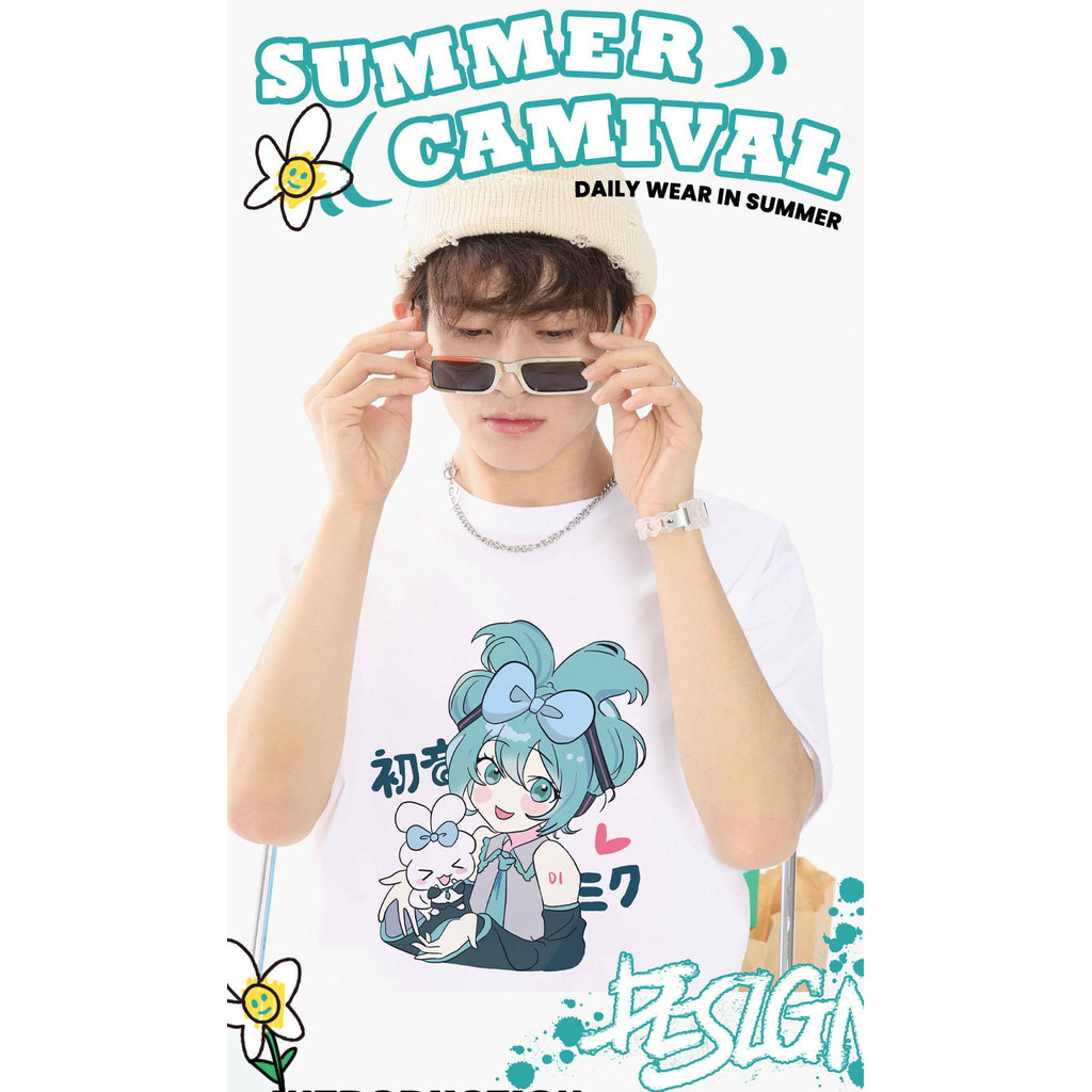 Áo thun cỡ lớn cotton in Hatsune Miku Cinnamon Dog dáng rộng cổ tròn mùa hè, phù hợp cho nam nữ, cặp đôi mặc