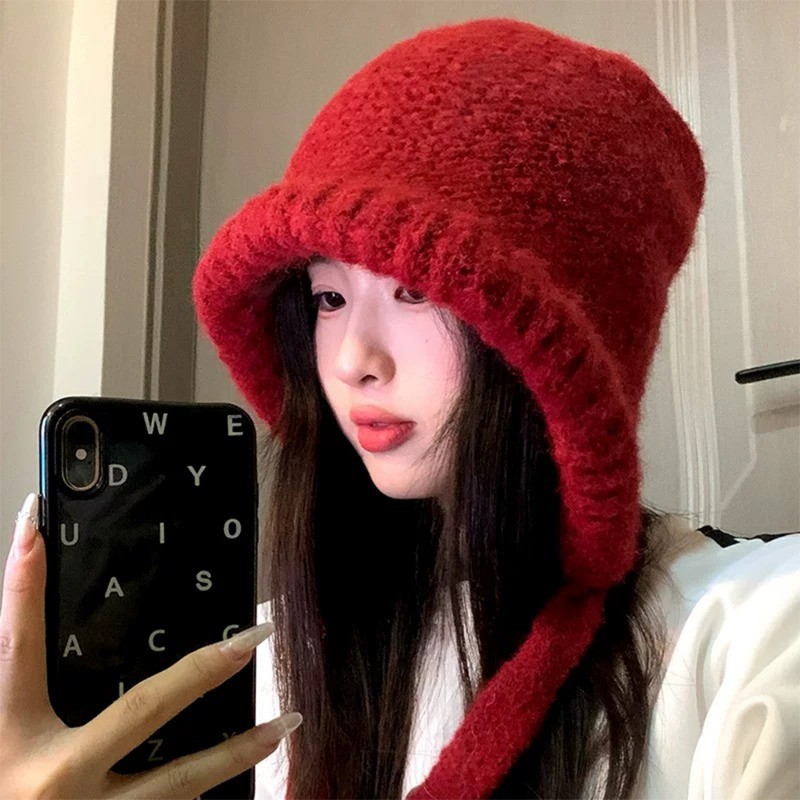 Mũ beanie dệt kim - Túi đa năng có dây rút - Thời trang, đơn giản, đa năng - Bảo vệ tai, giữ ấm, chống lạnh, dày - Mũ chui đầu mùa thu đông
