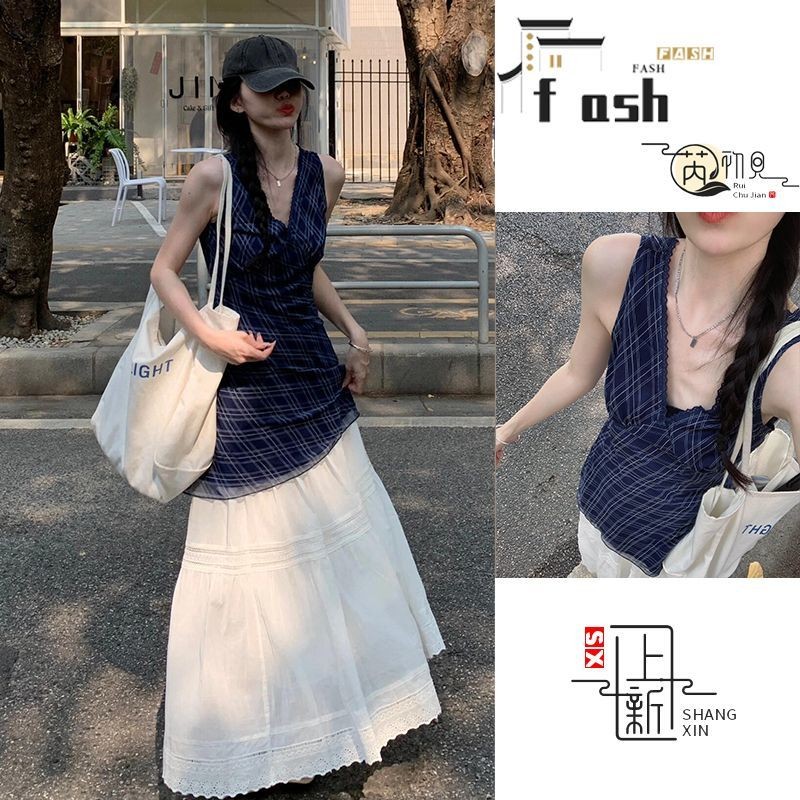 [YU]Trang phục nữ hai mảnh mùa hè, áo vest dáng ngắn không tay kết hợp váy trắng thanh thoát.