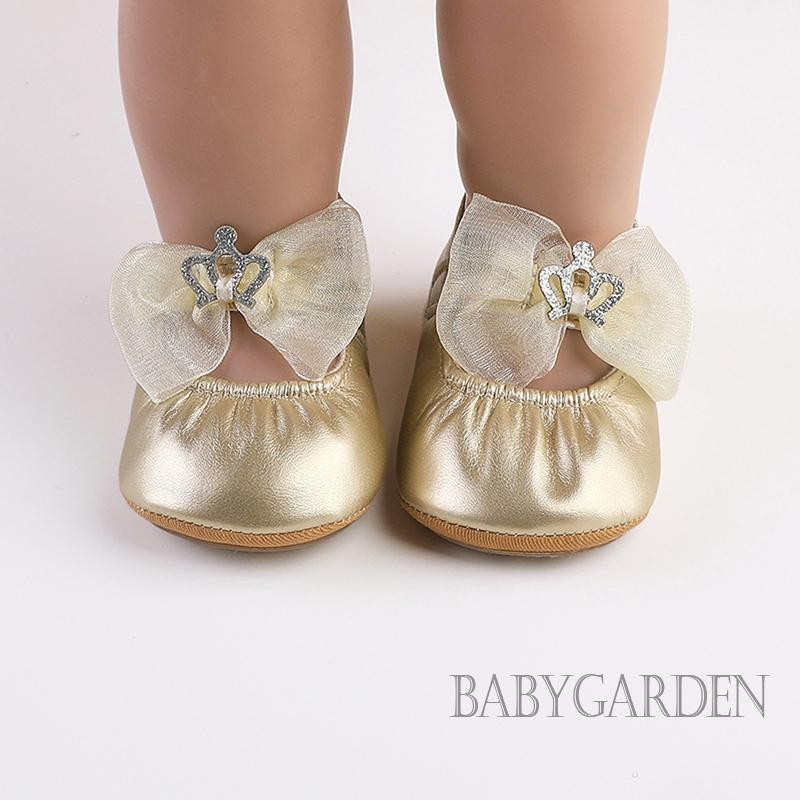 / / -Baby Girls Mary Jane Flats Giày chống trượt nơ vương miện sáng bóng