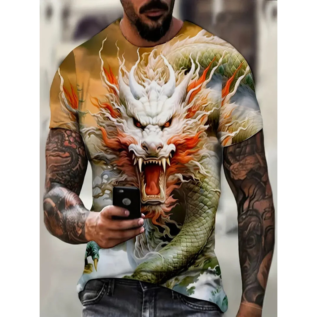 Áo thun cổ chữ O ngắn tay in hình rồng 3D, phù hợp dạo phố
