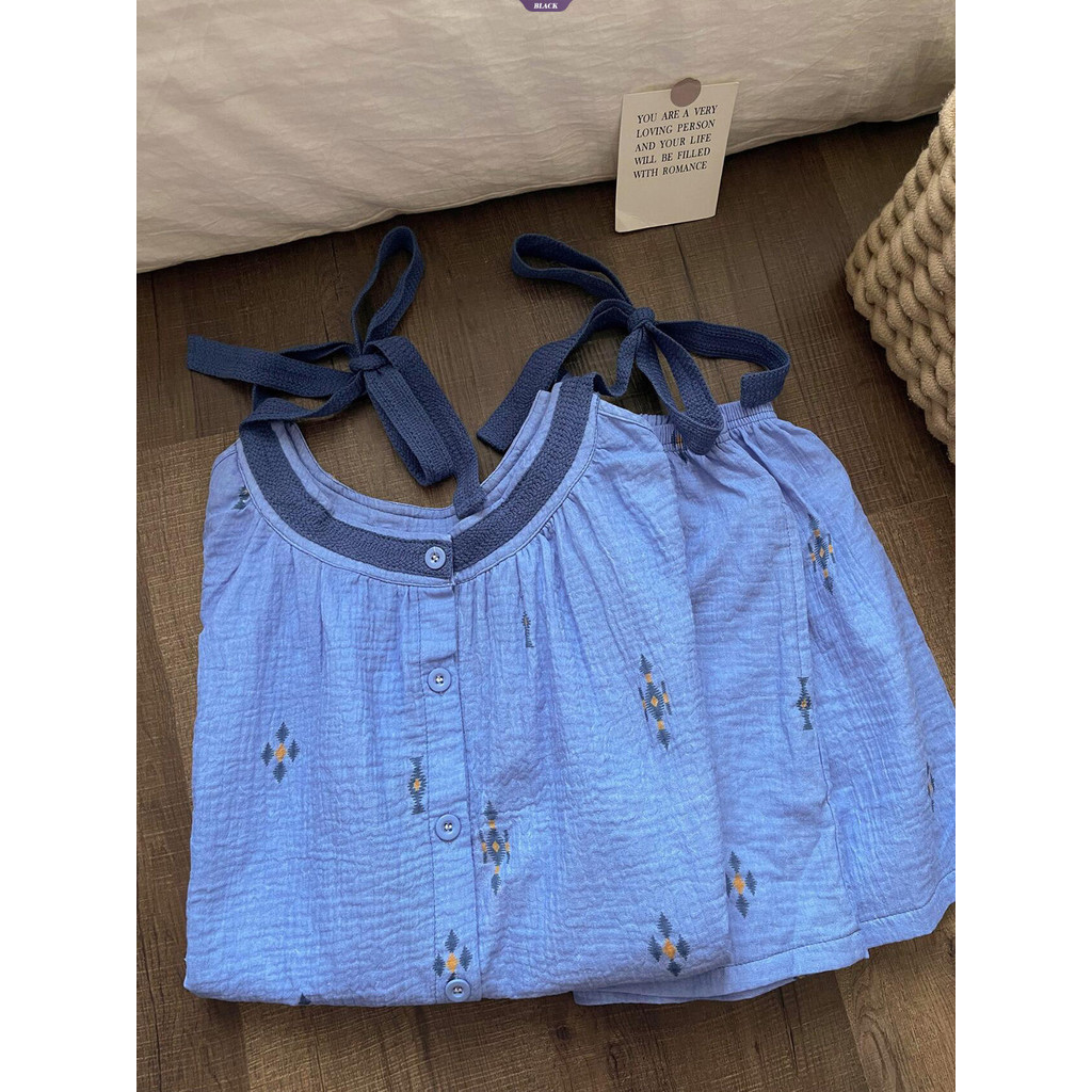 Bộ đồ ngủ in hình màu xanh cho nữ mùa hè Quần short yếm không tay thông thường Bộ đồ mặc nhà [BL]