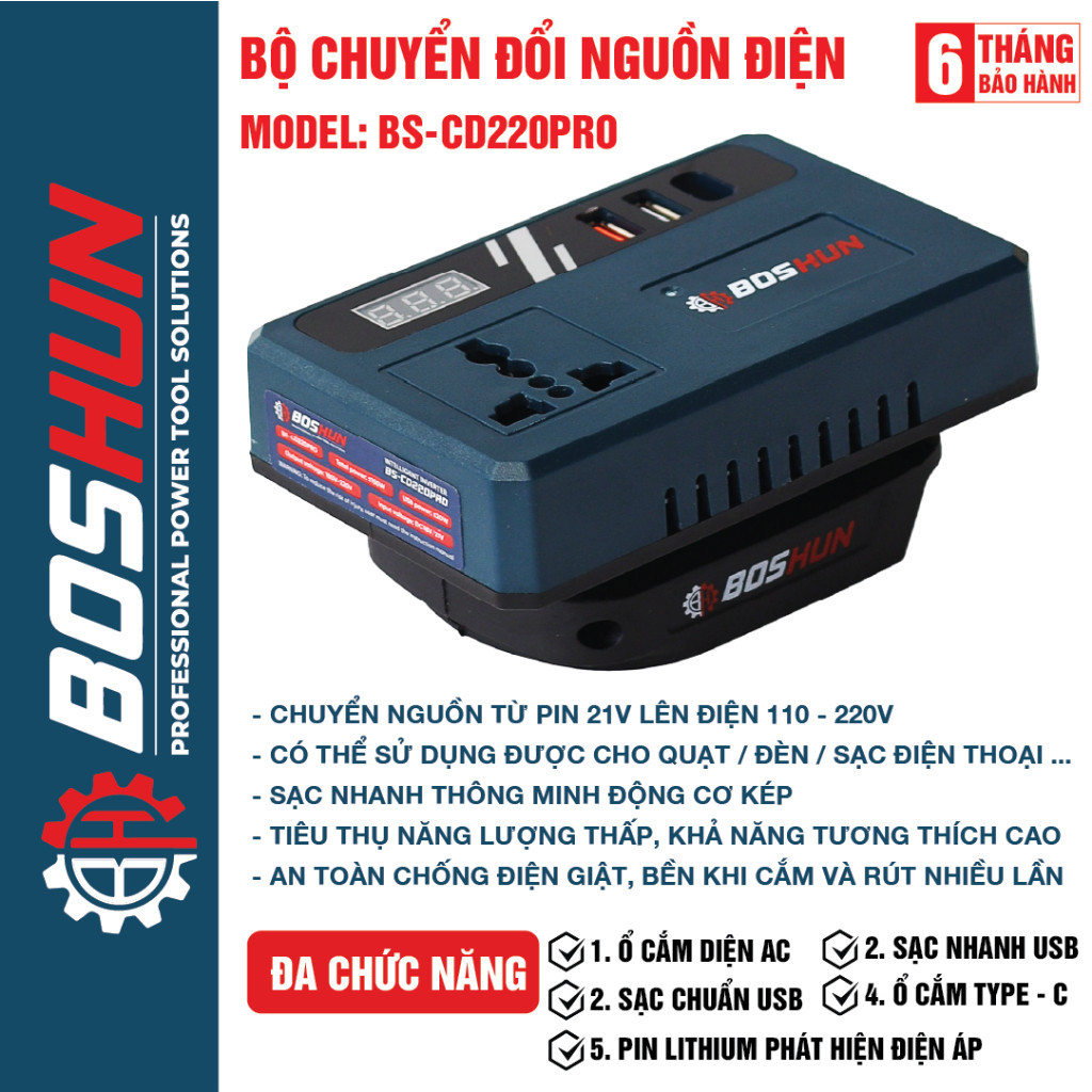 Đế chuyển đổi nguồn điện BOSHUNN BS-CD220PRO chuyển từ pin 21V lên 110V - 220v