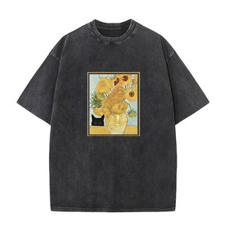 Van Gogh Đen Mèo Áo Thun Ngộ nghĩnh Hoa In Hình Áo Nam Nữ Rửa Vintage Tay Ngắn Áo Thun Thường Ngày Dạo Phố Áo Thun Mùa Hè