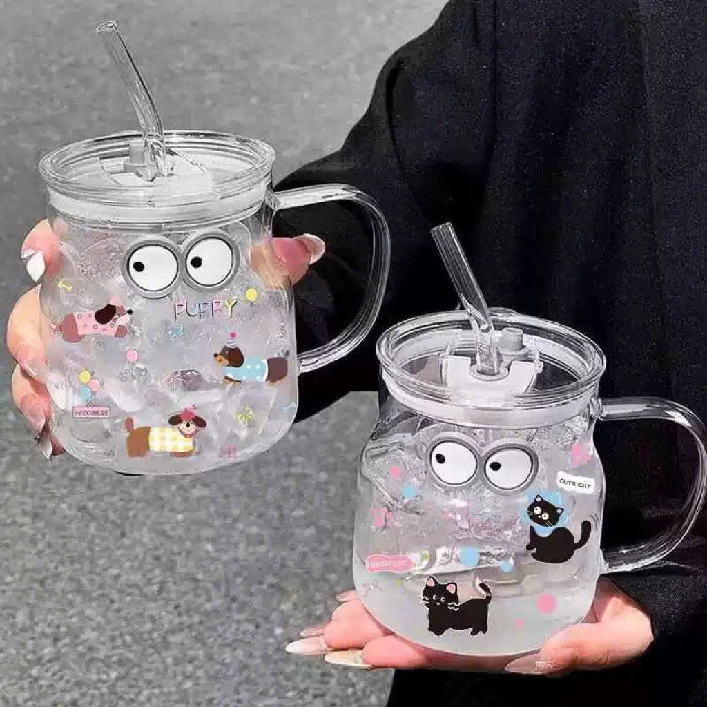 Cốc Thuỷ Tinh Hình đôi mắt Dung Tích 600ML Tặng Kèm Ống Hút THUỶ TINH