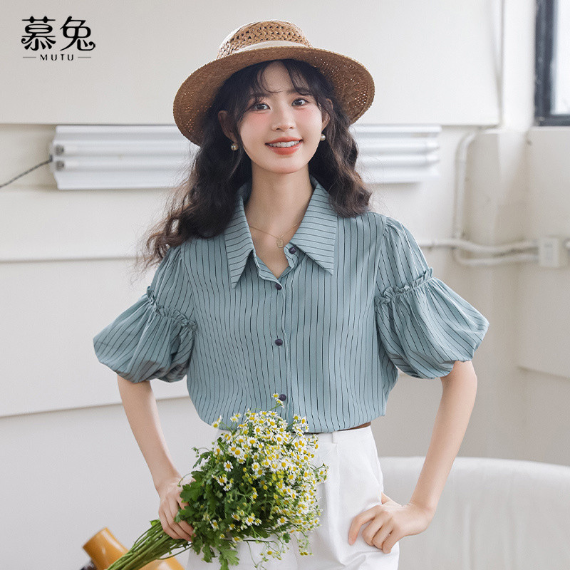 Mutu Pháp Retro Sọc Puff Tay Áo Sơ Mi Nữ Mùa Hè 2026 Phong Cách Mới Thiết Kế Cao Cấp Niche Top