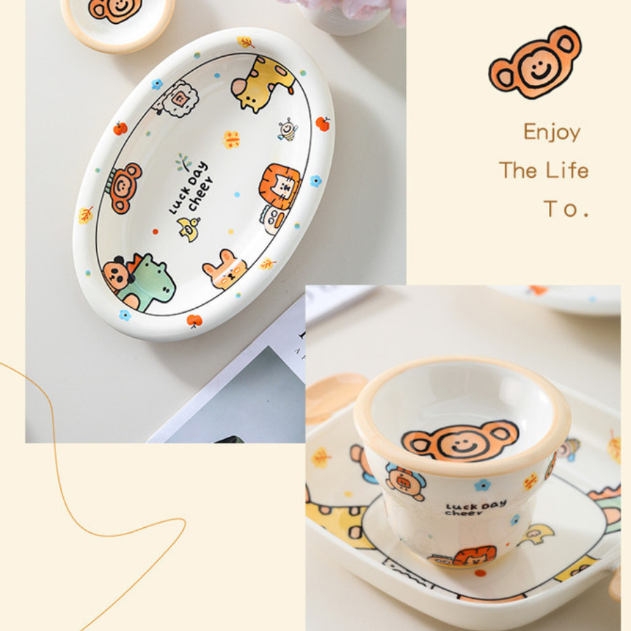Bộ Bát Đĩa Sứ Hoạt Hình Dễ Thương, Bát Cơm, Đĩa Sứ Họa Tiết Đáng Yêu Cho Bé SET015