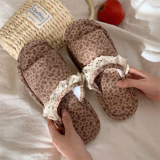 Xixitiao Phong Cách Nhà Retro Hoa Bốn Mùa Đa Năng Thường Ngày Ren Cạnh Cotton Vải Lanh Dép Nữ