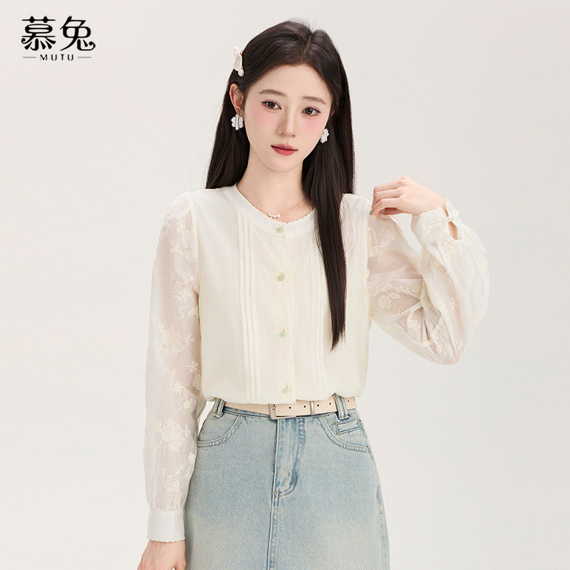Mutu Áo sơ mi thanh lịchjacquard cổ tròn tay dài cho mùa hè 2026