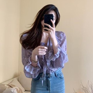 Cổ chữ V, tay nấm ba chiều, voan tím, áo sơ mi họa tiết xù - Size lớn cho ngày thường