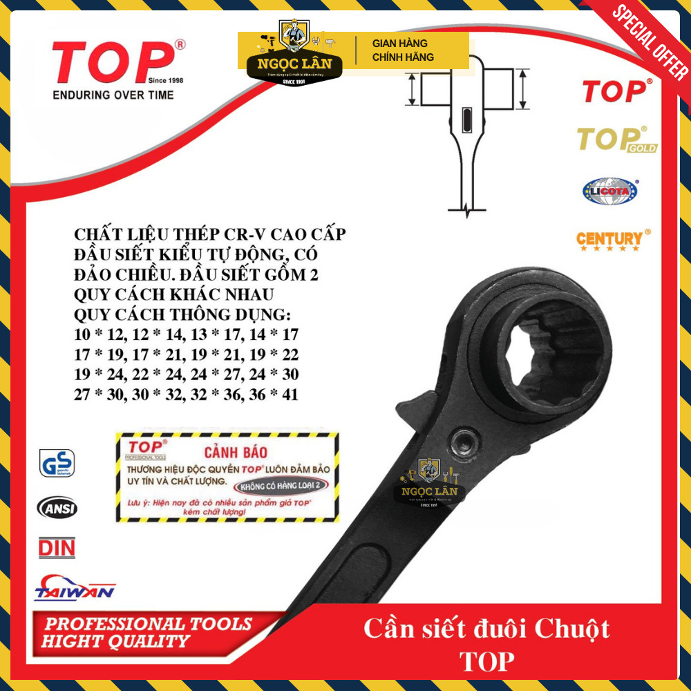 [Chính hãng TOP] Cờ lê đuôi chuột, cần siết 2 đầu TOP thép CR-V đen 10-32mm có đảo chiều cao cấp