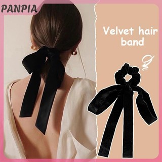 PANPIA-Thời Trang Vintage Đen Nhung Nơ Tóc Ruy Băng Scrunchie Cho Nữ Bé Gái Dài Co Giãn Buộc Tóc Mũ Nữ Phụ Kiện Tóc