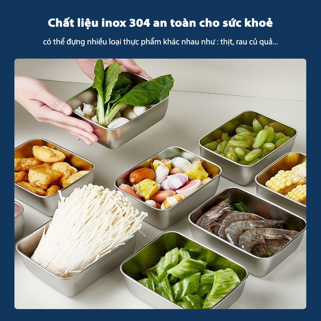 Khay đựng thực phẩm đồ ăn INOX 304 Có nắp đậy, Hộp bảo quản thực phẩm tủ lạnh lò vi sóng