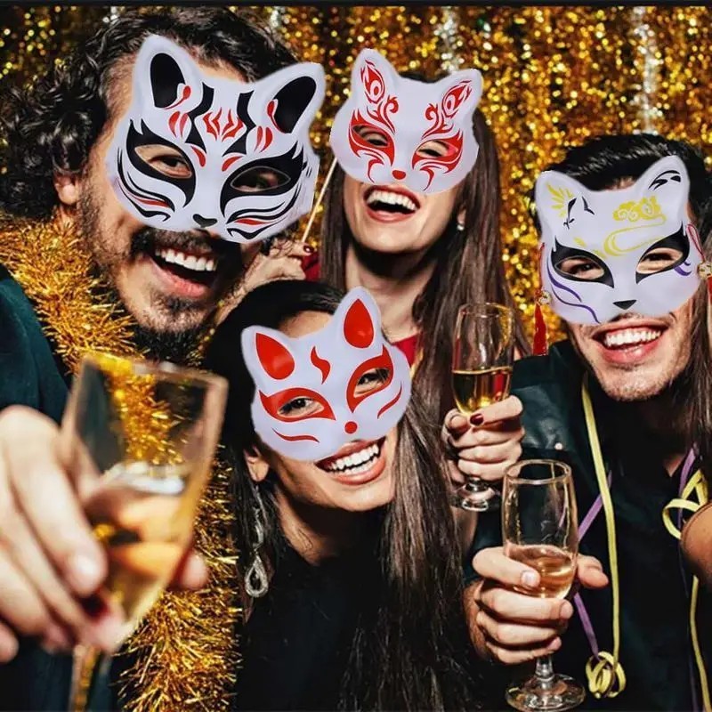 2 / 5 Cái Mặt nạ cáo Halloween - Mặt nạ nửa mặt - Mặt nạ tự làm Nhật Bản - Mặt nạ Therian Mặt nạ mèo trắng - Mặt nạ cáo mèo vẽ tay nửa mặt - Mặt nạ Cosplay lễ hội Halloween