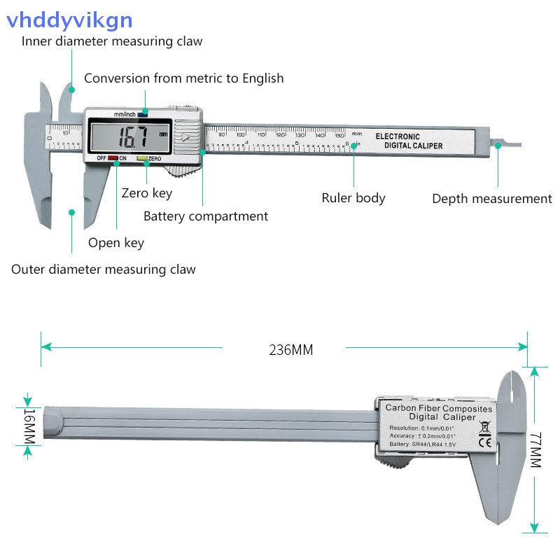 Vhdd 0-150mm Màn hình kỹ thuật số điện tử Vernier Caliper Mặt số sợi Carbon Vernier Caliper Đo thước kỹ thuật số VN