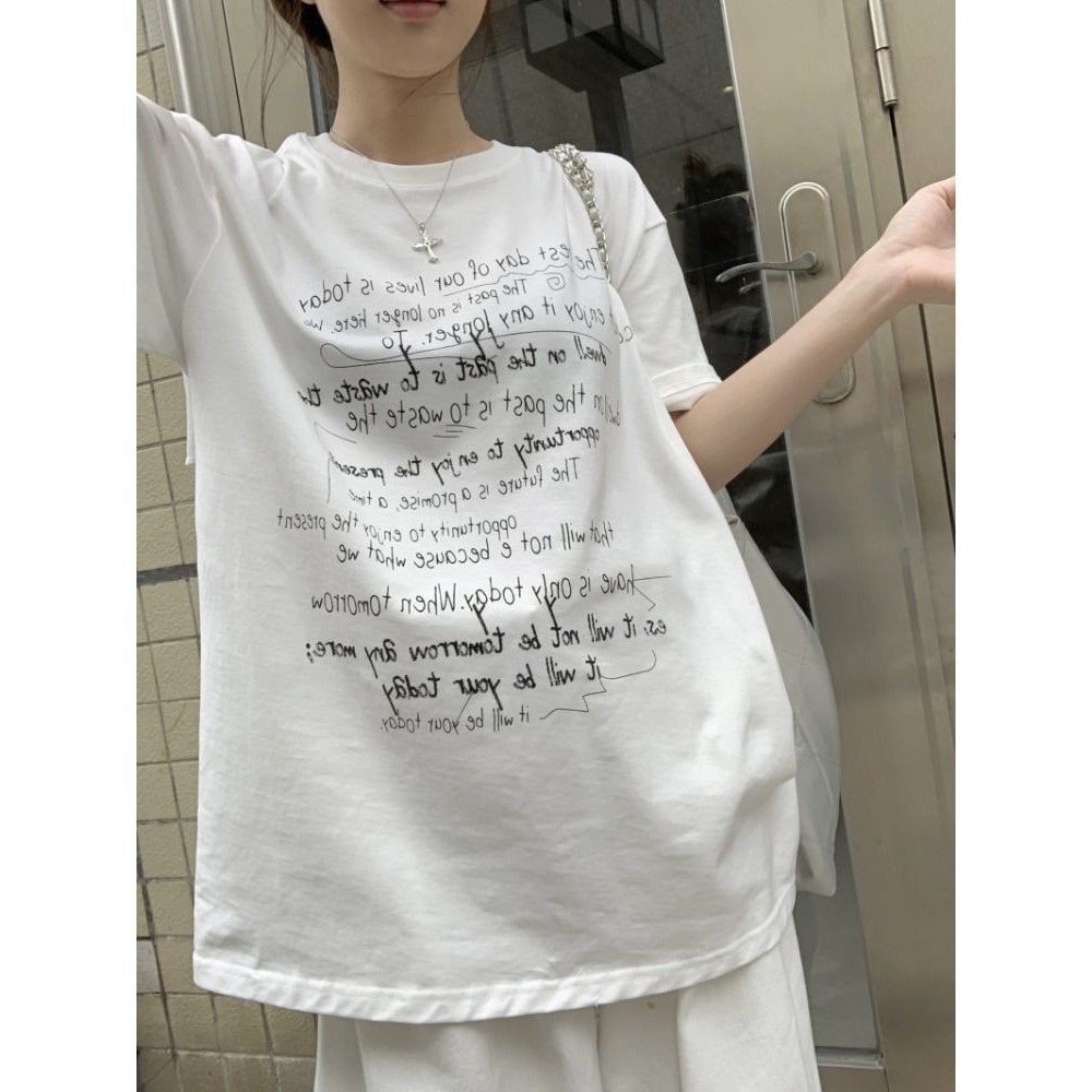 Milyfashion Cotton Nguyên Chất Thắt Lưng In Chữ Ngắn Tay Áo Thun Nữ Mùa Hè Thiết Kế Cẩn Thận Rời Thường Ngày Nửa Tay Top