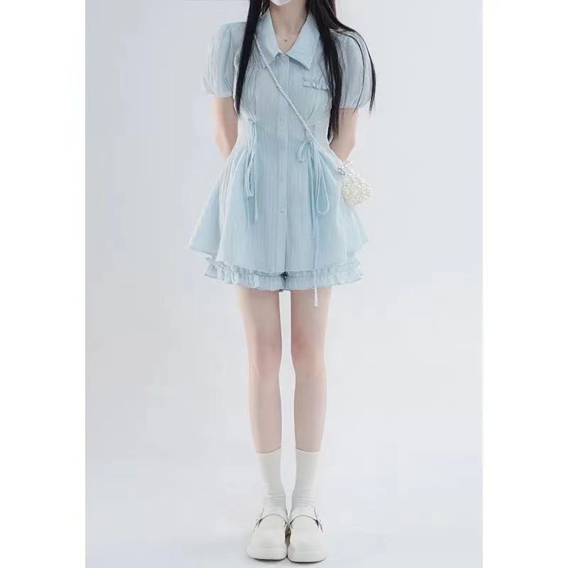 Bộ đồ nữ Thiết kế việt quất Xanh mới ngọt ngào Áo sơ mi ngắn tay + quần Short Bộ đồ hai mảnh eo cao