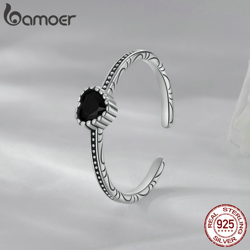 Bamoer 925 Sterling Sliver Nhẫn Có Thể Điều Chỉnh Trái Tim Đen Trang Sức Thời Trang Quà Tặng Cho Nữ