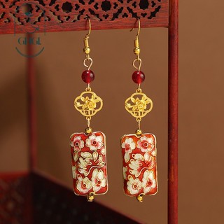 GHGl Hàng Sẵn Có Thiết Kế Ban Đầu Mới Trung Quốc Bông Tai Cloisonne Nữ Retro Men Hoa Vuông Đĩa Bông Tai Phong Cách Trung Quốc Bông Tai Sườn Xám