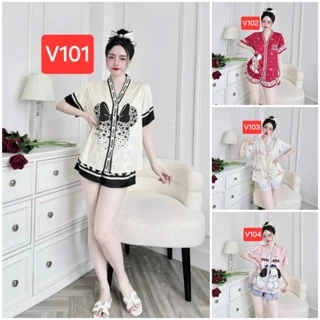 (40-72kg)Đồ bộ piijama tay cộc quần cộc cổ Y lụa latin thiết kế mới dễ thương, đồ bộ pizama lụa latin mềm mịn V1