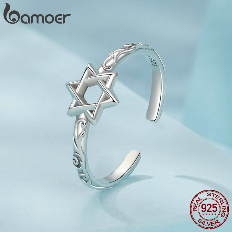 Nhẫn Bạc Bamoer 925 Thiết Kế Ngôi Sao Sáu Cánh Nhẫn Mở Quà Tặng Trang Sức Cho Nữ.