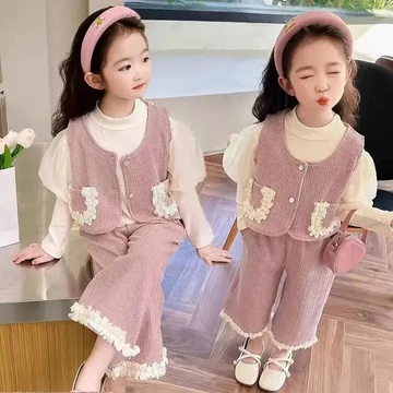 Trẻ em Mùa Xuân Thu Áo Đáy Áo Sơ Mi Quần Ống Rộng Phù Hợp Với Thời Trang Bé Gái Quần Áo Thu Đông Người Ảnh Hưởng Bộ Đồ Ba Mảnh Bán Buôn Quần Áo Trẻ Em Áo Trẻ Sơ Sinh Áo Áo Bé Gái