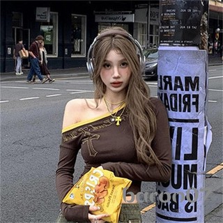 Áo Crop top bất đối xứng dành cho nữ Áo thun dài tay in chữ thập mỏng vừa vặn