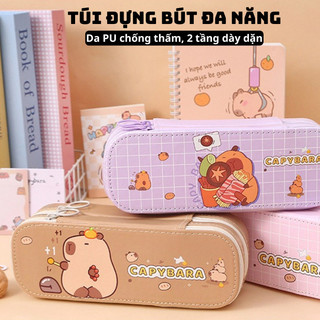 Túi đựng bút 2 ngăn dung tích lớn chất liệu da PU chống thấm nước hoạt hình dễ thương, Hộp đựng bút cao cấp