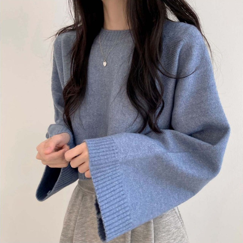 Suxi Retro Rời Thu Đông Thời Trang Mới Đơn Giản Cổ Tròn Dài Tay Dệt Kim Áo Len Nữ Ngắn 240908