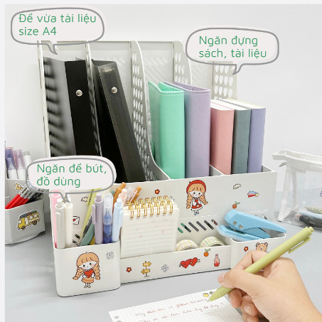 Aimilo Tặng Sticker Kệ Đựng Tài Liệu Văn Phòng 4 Ngăn Kèm Khay Đựng Bút Kệ Đựng Sách Vở Để Bàn Gấp Gọn