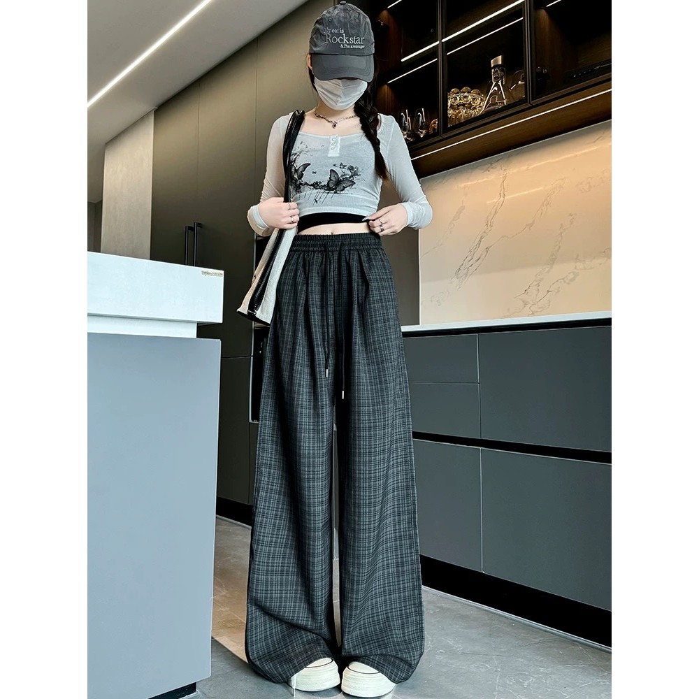 Suxi Thu Đông Mới Retro Ca rô Drape Quần ống rộng eo cao Quần thẳng nữ 240911