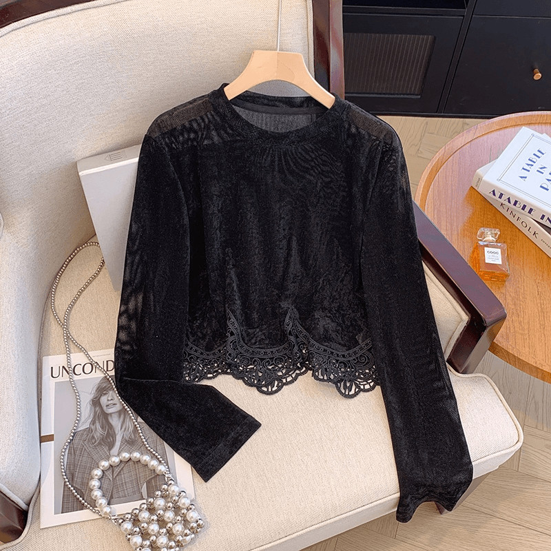 Milyfashion Ren Khâu Hem Nhung Dài Tay Áo Thun Nữ Thu Đông Phong Cách Mới Tất Cả Trận Đấu Mỏng Hơn Nhìn Ngắn Top Mỏng