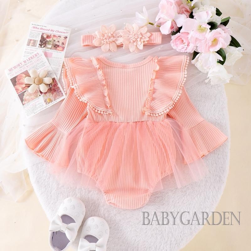 / / -Bộ Áo liền quần bé gái có băng đô 3D hoa dài tay vải tuyn viền quần áo mùa thu sơ sinh