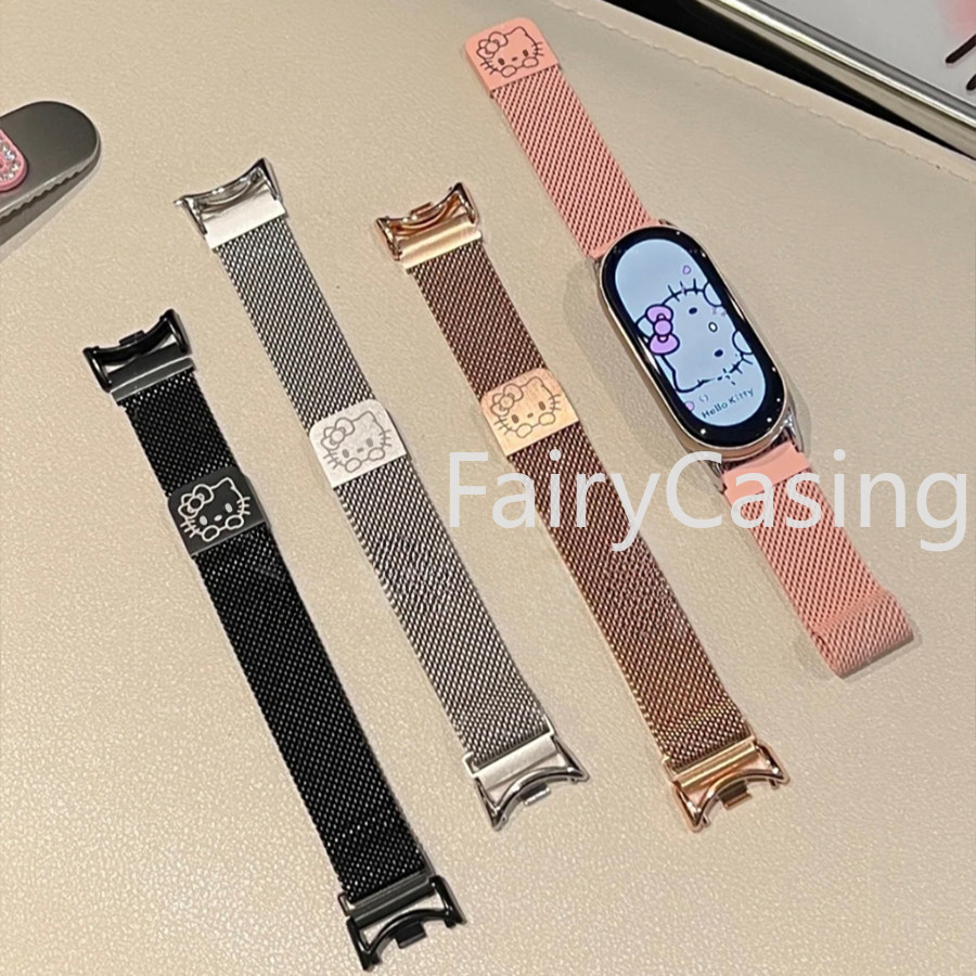 Khắc In Dây Đeo Cho Xiaomi Mi Band 10 8 9 7 6 5 4 3 Vòng Tay Nữ Bé Gái Thời Trang Lưới Kim Loại Đồng Hồ Phụ Kiện Thay Thế Miband 7 8
