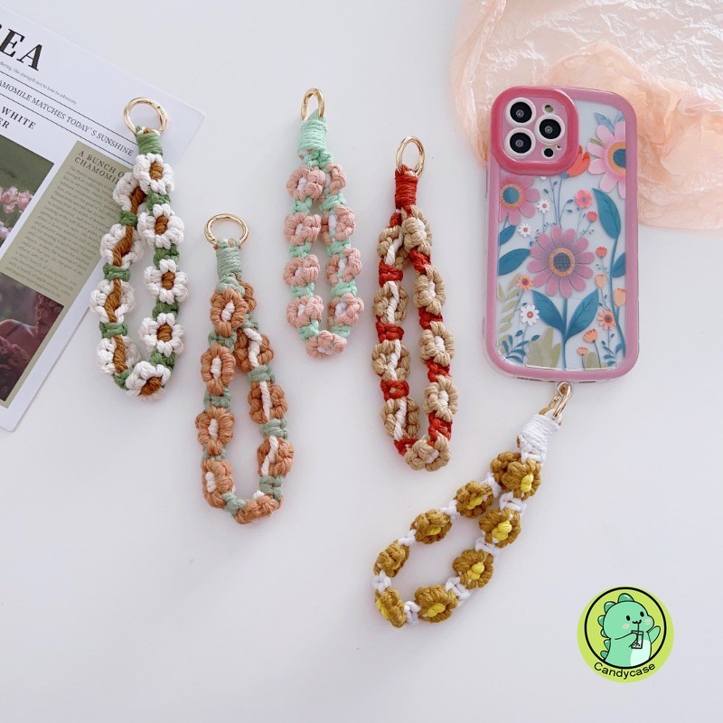 Bện Hoa Sang Trọng Màu Kẹo Dây Điện Thoại Treo Di Động Xoắn Dây Chống Mất Cổ Tay Ngắn Thời Trang Và Mạnh Mẽ Vỏ Điện Thoại Di Động Dây Có Mặt Dây Chuyền